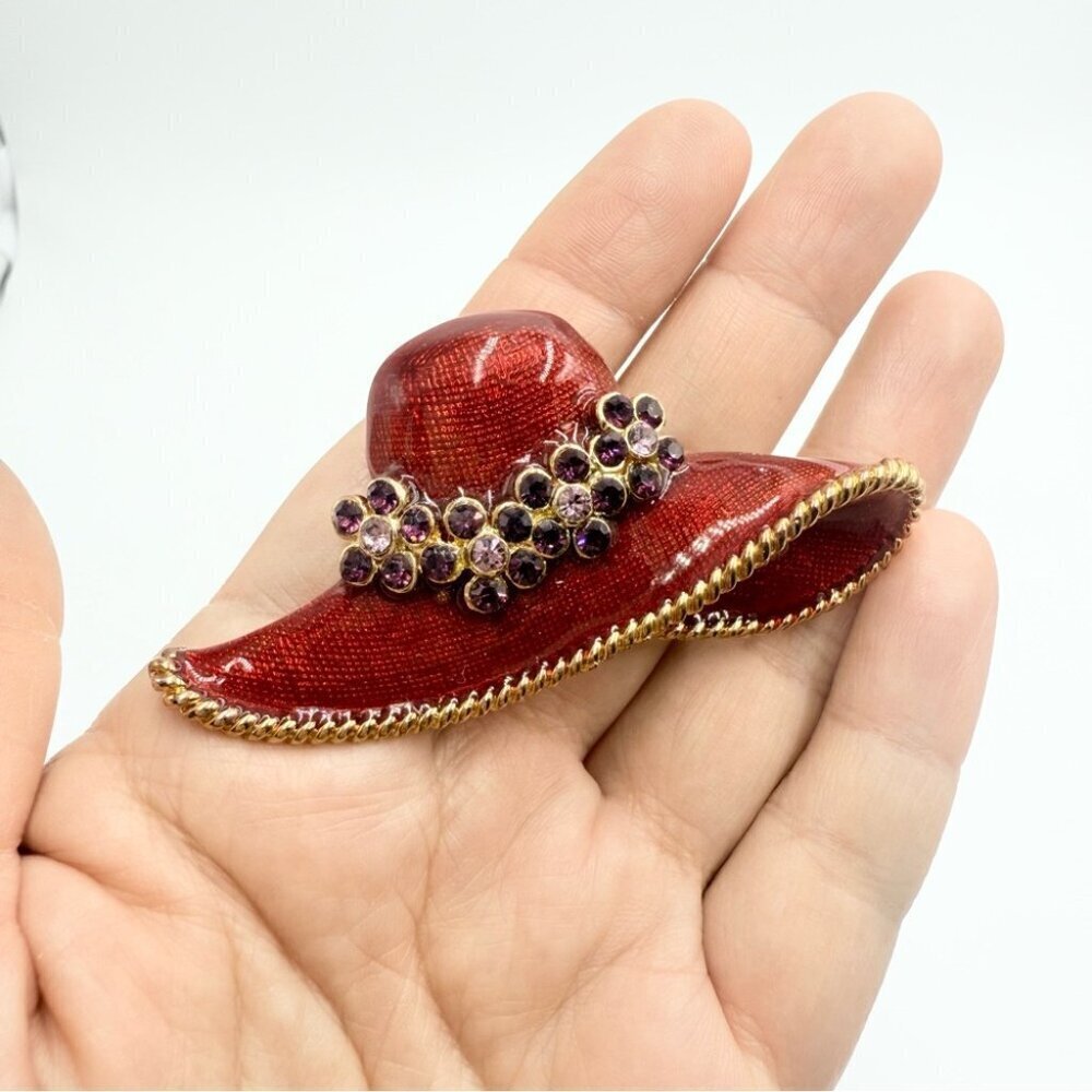 Vintage Large Red Hat Enamel Brooch Gold-Tone PurpleRhinestone Red Hat Lady